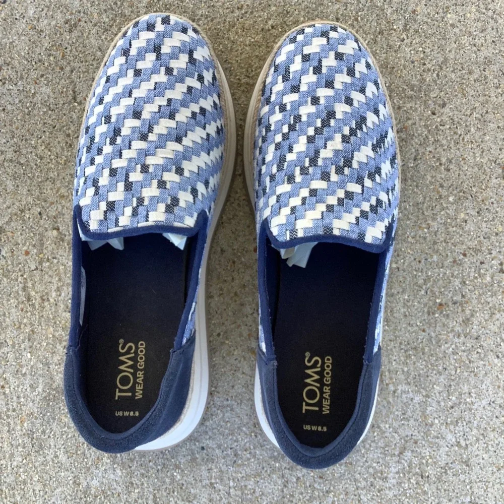 TOMS Alpargata Mallow Mule Espadrilles Blue White Woven Platform Shoes Women 8.5